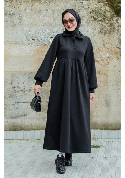 Yakalı Üç Iplik Spor Robalı Elbise-Siyah modelleri