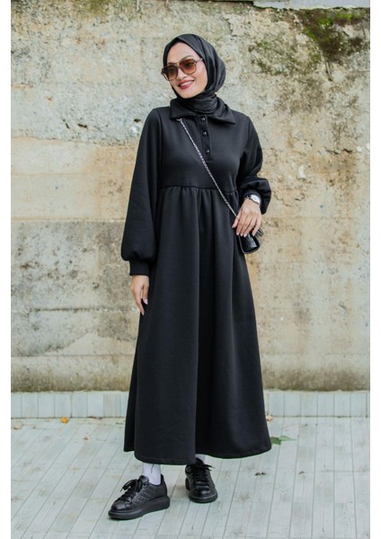 Yakalı Üç Iplik Spor Robalı Elbise-Siyah indirimleri