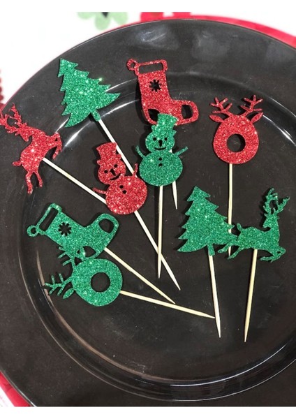 Yılbaşı Temalı Renkli Simli Eva Kürdan Seti, 10 Adet, Eğlenceli ve Şık Süsleme Için