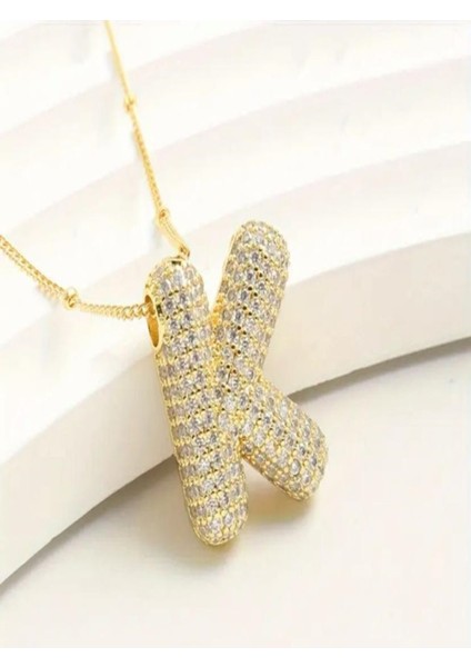 H&s Kadın Çelik Gold Taşlı Balon Harf Kolye ( K Harfi )