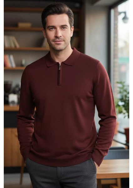 Polo Yaka Yarım Fermuarlı Erkek Triko Kazak P-00013251