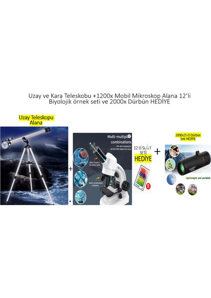 Profesyonel Uzay Gezegen TELESKOPU+1600X LED Işıklı 12 Örnekli Mikroskop SETI+2000X Dürbün Hediye