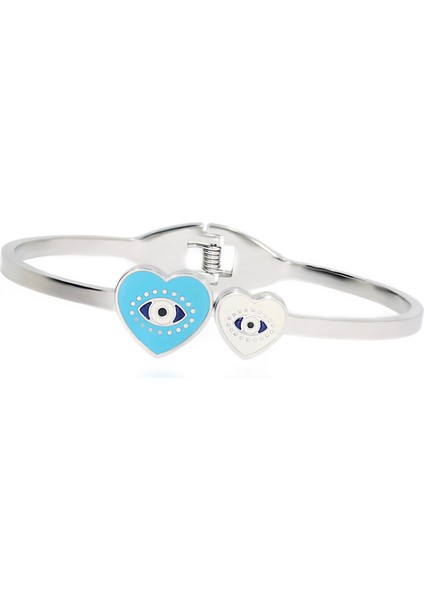 Kadın Mavi ve Beyaz Renk Kalp Model Göz Detay Çelik Bilezik