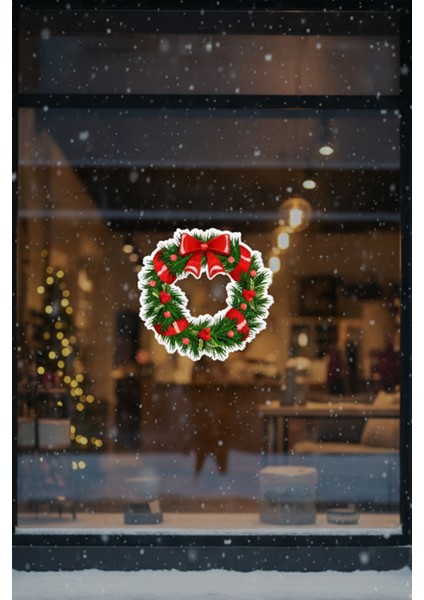 Kurdelalı Yılbaşı Kapı Tacı Süsü Vitrin Sticker Yapıştırma Yılbaşı Cam Kapı Sticker