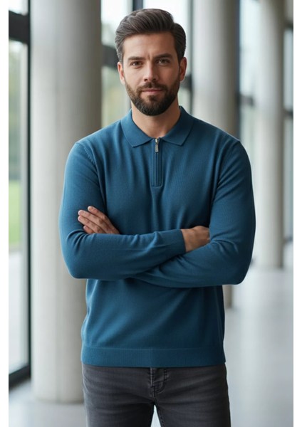 Polo Yaka Yarım Fermuarlı Erkek Triko Kazak P-00013251