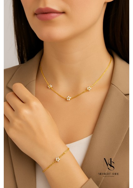 ❤️ Inci Çiçek Kolye & Bileklik Seti – 18 Ayar Altın / Gümüş Kaplama Paslanmaz Çelik Takı Seti