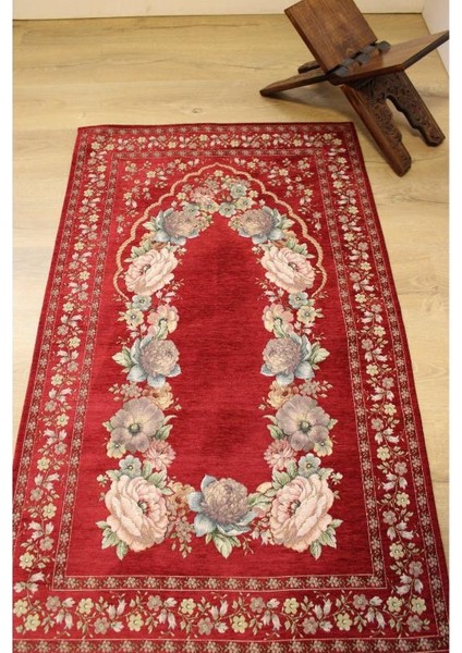 Kınay Kırmızı Jakarlı Dokuma Goblen Dekoratif Astarsız Saçaksız Şönilli Seccade 70*115