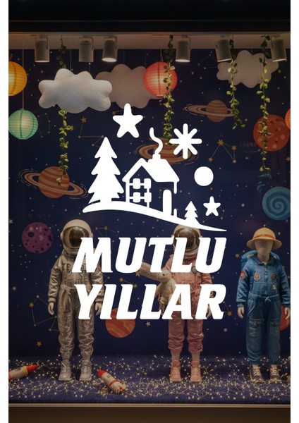 Kış Masalı Mutlu Yıllar Cam Vitrin Sticker – Yılbaşı Çam Ağaçlı Dekor Seti