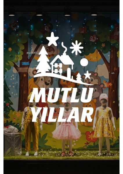Kış Masalı Mutlu Yıllar Cam Vitrin Sticker – Yılbaşı Çam Ağaçlı Dekor Seti fiyatları