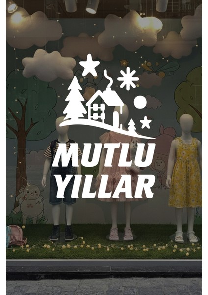 Kış Masalı Mutlu Yıllar Cam Vitrin Sticker – Yılbaşı Çam Ağaçlı Dekor Seti fırsatları
