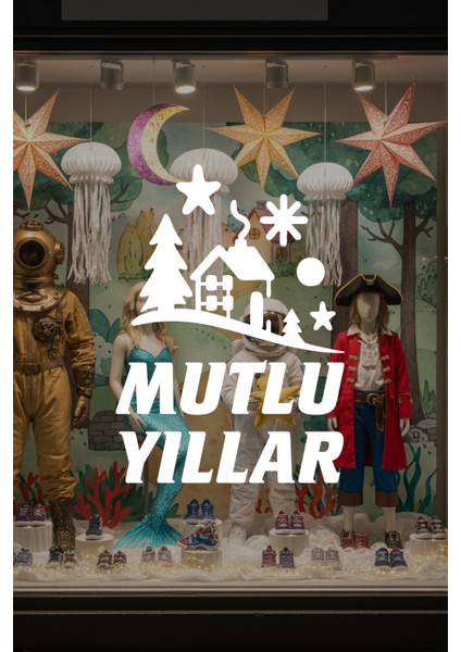 Kış Masalı Mutlu Yıllar Cam Vitrin Sticker – Yılbaşı Çam Ağaçlı Dekor Seti indirimleri