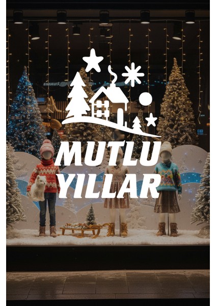 Kış Masalı Mutlu Yıllar Cam Vitrin Sticker – Yılbaşı Çam Ağaçlı Dekor Seti