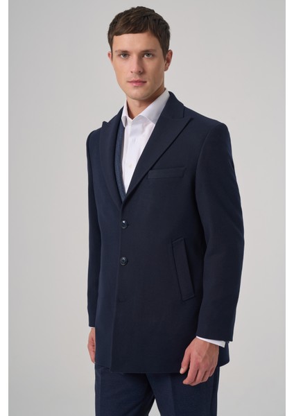 Erkek Lacivert Düz Sivri Yaka Dynamic Fit Kaban