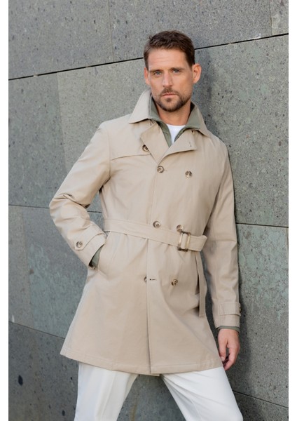 Erkek Bej Poliamit Kemerli Trençkot