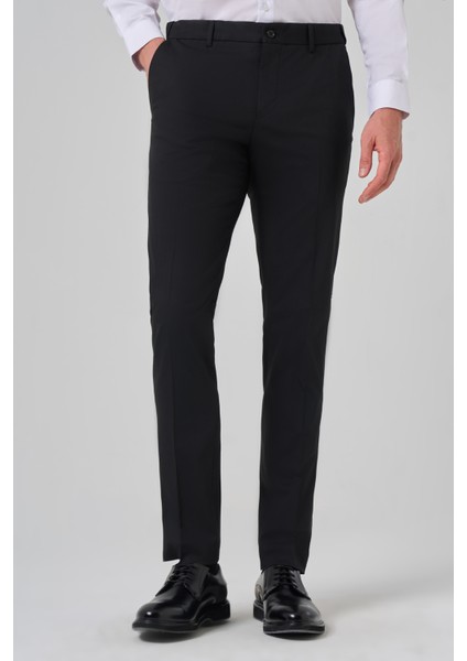 Erkek Siyah Yünlü Basic Düz Dynamic Fit Pantolon