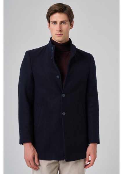 Erkek Lacivert Yünlü Düz Dynamic Fit Hakim Yaka Kaban