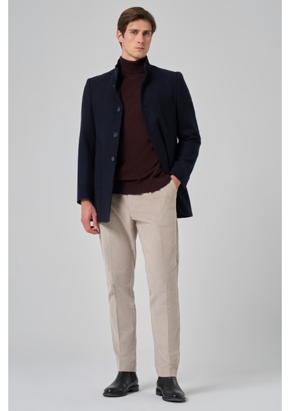 Erkek Lacivert Yünlü Düz Dynamic Fit Hakim Yaka Kaban fiyatları