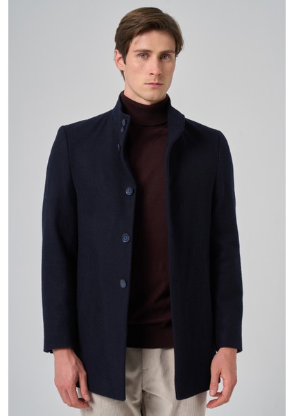 Erkek Lacivert Yünlü Düz Dynamic Fit Hakim Yaka Kaban modelleri