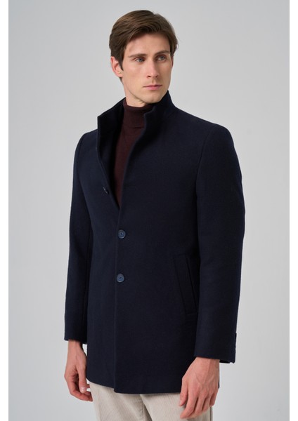 Erkek Lacivert Yünlü Düz Dynamic Fit Hakim Yaka Kaban fırsatları