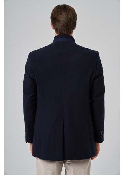 Erkek Lacivert Yünlü Düz Dynamic Fit Hakim Yaka Kaban indirimleri