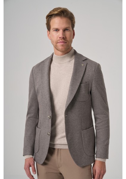Erkek Gri Örme Trend Desenli Slim Fit Mono Yaka Ceket