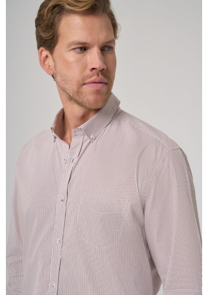 Erkek Bej Pamuk Trend Çizgili Dynamic Fit Düğmeli Yaka Gömlek fiyatları