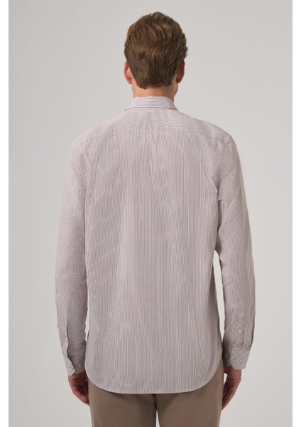 Erkek Bej Pamuk Trend Çizgili Dynamic Fit Düğmeli Yaka Gömlek indirimleri