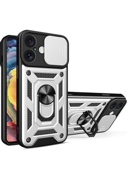 MYT09 iPhone 16 Kılıf Pars Lens Yüzüklü Silikon - Gümüş