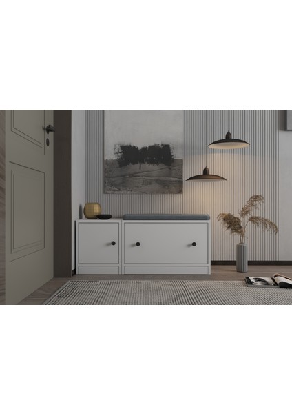 Modüler Sandık Tabure Kapaklı Depolama Bankı Ayakkabılık Oturma Alanlı Antre BEYAZ-NRG-SNT-1001