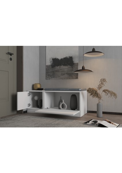 Modüler Sandık Tabure Kapaklı Depolama Bankı Ayakkabılık Oturma Alanlı Antre BEYAZ-NRG-SNT-1001 modelleri