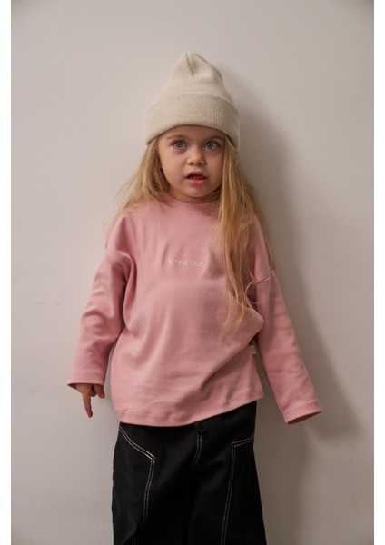 Pembe Nakışlı Oversize Uzun Kollu T-Shirt