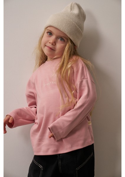 Pembe Nakışlı Oversize Uzun Kollu T-Shirt modelleri