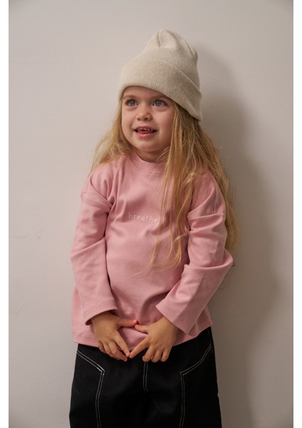 Pembe Nakışlı Oversize Uzun Kollu T-Shirt