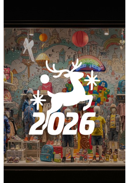 Geyikli 2026 Yılbaşı Vitrin Sticker - Mağaza Cam Süsleme Yılbaşı Dekoru fırsatları