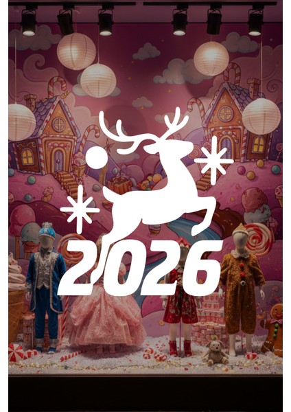 Geyikli 2026 Yılbaşı Vitrin Sticker - Mağaza Cam Süsleme Yılbaşı Dekoru