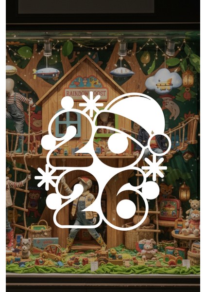 2026 Noel Şapkalı Yeni Yıl Vitrin Cam Sticker - Mağaza & Kreş Cam Dekoru Yeni Yıl Süsleme Seti