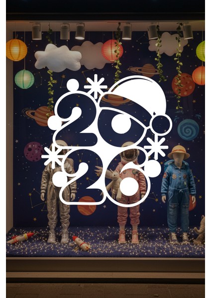 2026 Noel Şapkalı Yeni Yıl Vitrin Cam Sticker - Mağaza & Kreş Cam Dekoru Yeni Yıl Süsleme Seti indirimleri