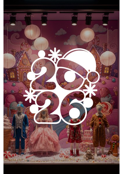 2026 Noel Şapkalı Yeni Yıl Vitrin Cam Sticker - Mağaza & Kreş Cam Dekoru Yeni Yıl Süsleme Seti