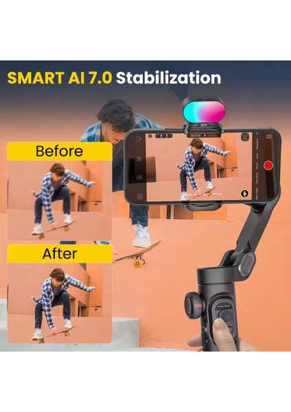 Smart Xe 3 Eksenli Akıllı Telefon Gimbal Sabitleyici Stabilizer Yapay Zeka Yüz ve Nesne Takibi Profesyonel Focus Tekerleği Katlanabilir Mini Tripodlu Titreşim Önleyici Vlog, Reels Canlı Yayın Video modelleri