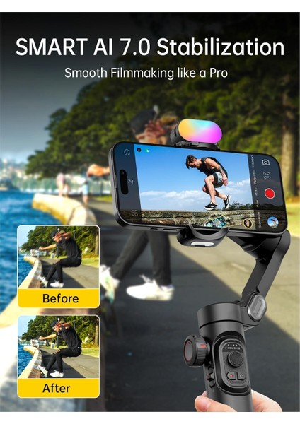 Smart Xe 3 Eksenli Akıllı Telefon Gimbal Sabitleyici Stabilizer Yapay Zeka Yüz ve Nesne Takibi Profesyonel Focus Tekerleği Katlanabilir Mini Tripodlu Titreşim Önleyici Vlog, Reels Canlı Yayın Video