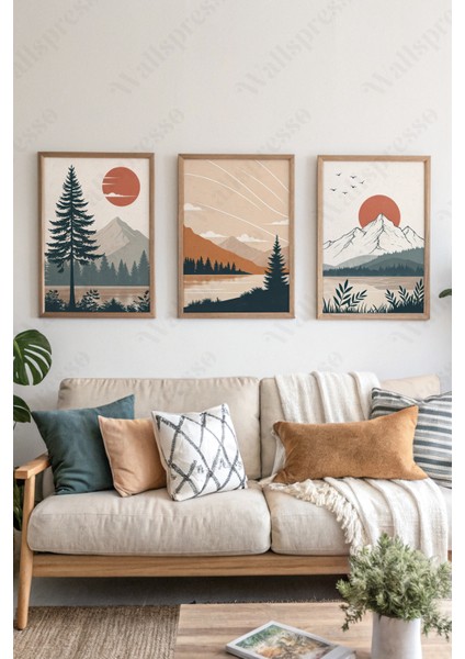 Minimalist Doğa Temalı 3'lü Tablo Seti - Ahşap Çerçeveli Tablo - Duvar Tablosu - Üçlü Tablo