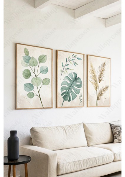 Bohem Yapraklar Minimalist 3'lü Tablo - Ahşap Çerçeveli Tablo -Duvar Tablosu-Salon Yatak Odası Tablo