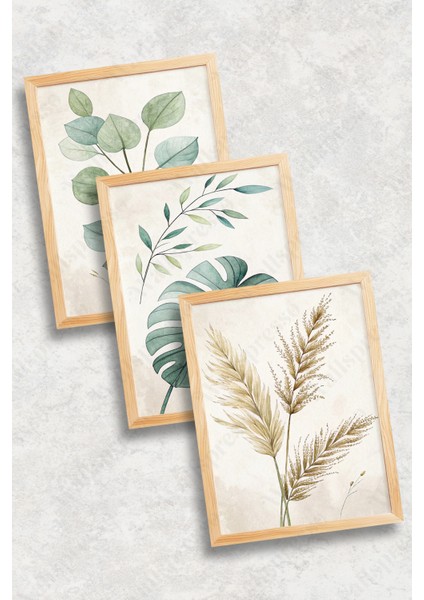 Bohem Yapraklar Minimalist 3'lü Tablo - Ahşap Çerçeveli Tablo -Duvar Tablosu-Salon Yatak Odası Tablo fiyatları