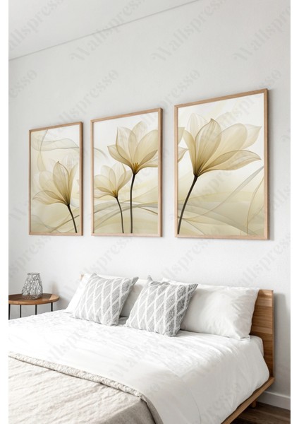 Modern Floral Çiçek Temalı 3'lü Tablo - Ahşap Çerçeveli Tablo -Duvar Tablosu-Salon Yatak Odası Tablo