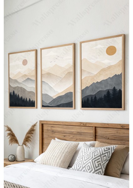 Modern Soyut Manzara Minimal Bohem Ahşap Çerçeveli Tablo - 3'lü Tablo Set - Duvar Tablo - Üçlü Tablo