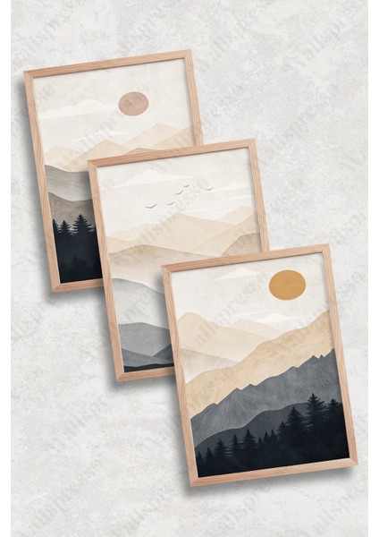 Modern Soyut Manzara Minimal Bohem Ahşap Çerçeveli Tablo - 3'lü Tablo Set - Duvar Tablo - Üçlü Tablo fiyatları