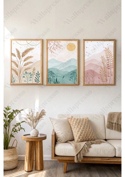 Bohem Minimalist Ahşap Çerçeveli Tablo - 3'lü Tablo Seti - Duvar Tablosu - Üçlü Tablo