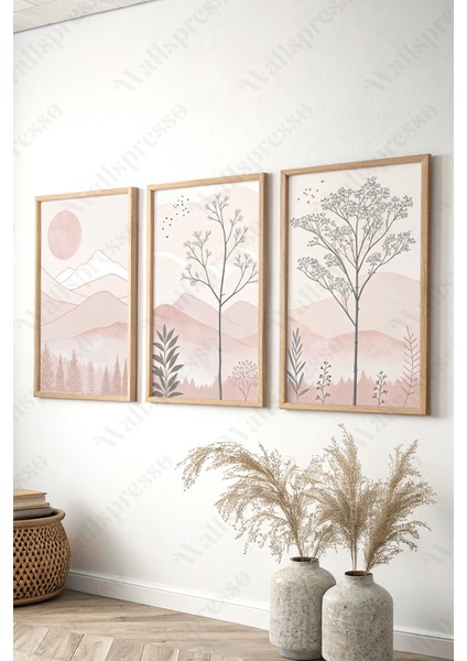 Soft Pastel Pembe Tonlarında Bohem Ahşap Çerçeveli Tablo - 3'lü Tablo Set Duvar Tablosu - Üçlü Tablo