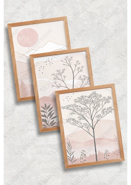 Soft Pastel Pembe Tonlarında Bohem Ahşap Çerçeveli Tablo - 3'lü Tablo Set Duvar Tablosu - Üçlü Tablo fiyatları