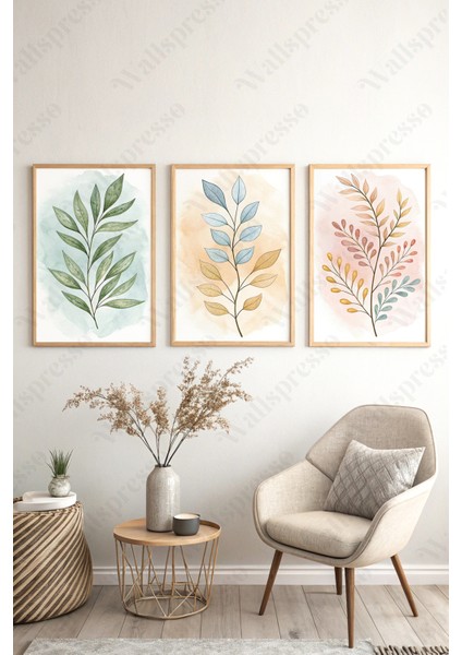Minimalist Bohem Ahşap Çerçeveli Tablo - 3'lü Tablo Seti - Duvar Tablosu - Üçlü Tablo